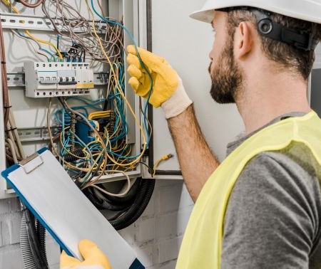 Electrician performing diagnostic tests on a home electrical panel in Tonganoxie KS